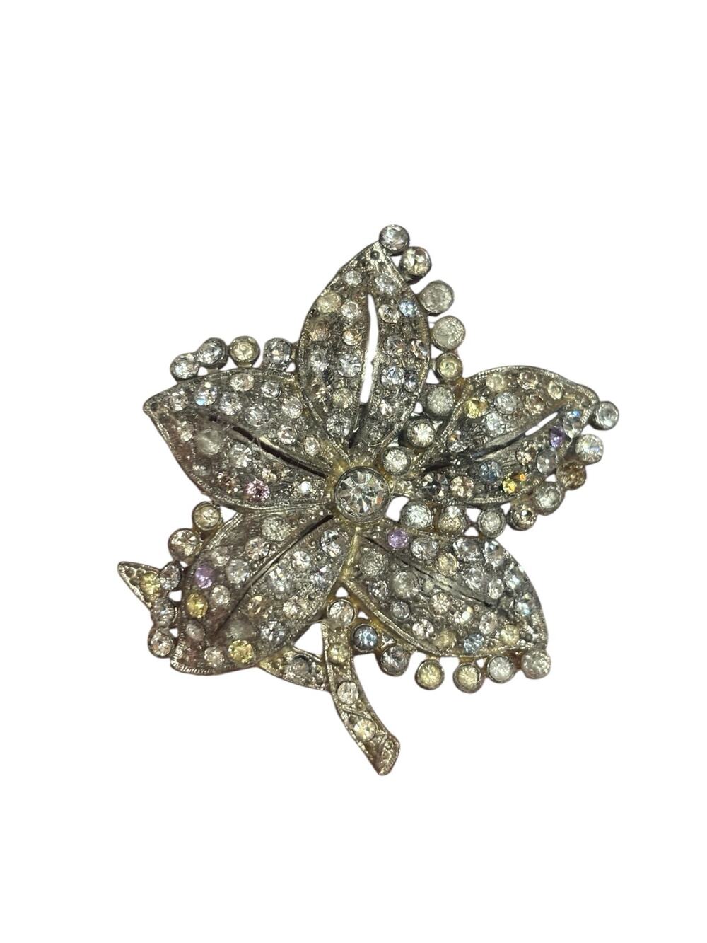 Vintage Rhinestone Flower Brooch Silver Tone 1950s Statement Restored Pin